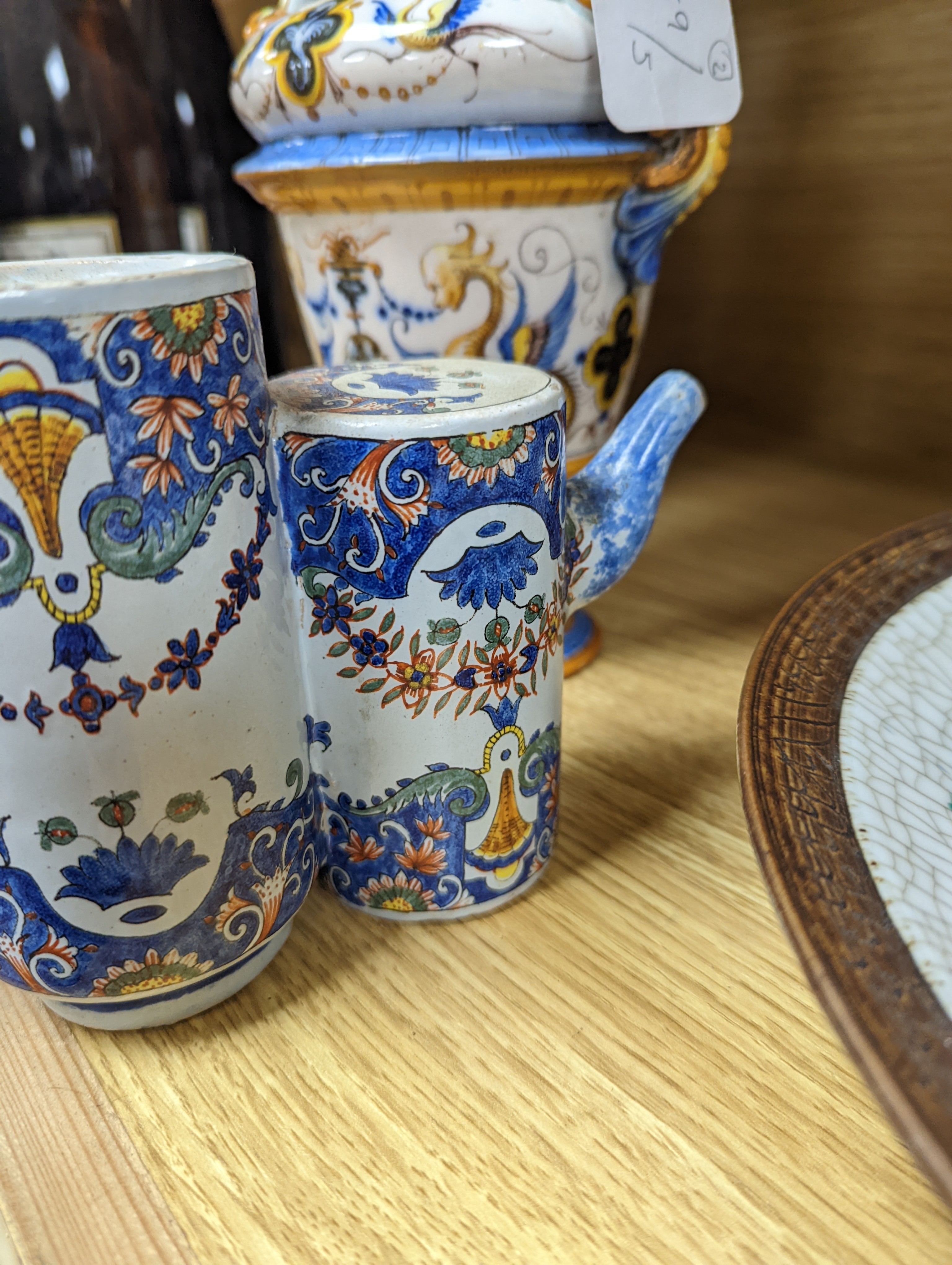 A Ginori maiolica two handled vase and Delft polychrome double cylinder teapot 27cm